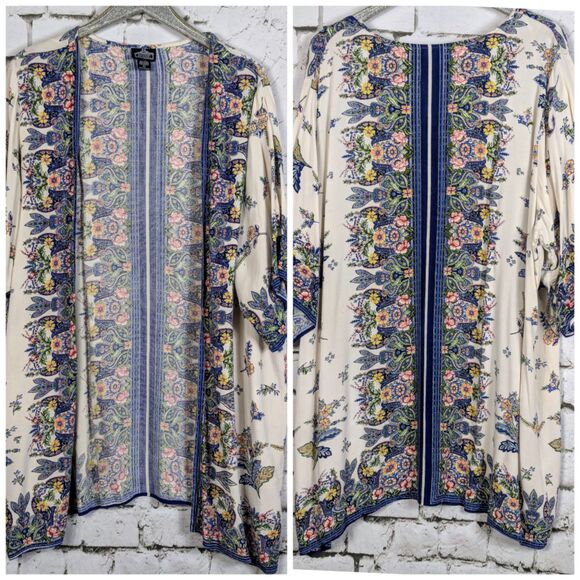 ANGIE Boho Open-Front Kimono Ruana Wrap Swim Cover Floral Large - Picture 1 of 4